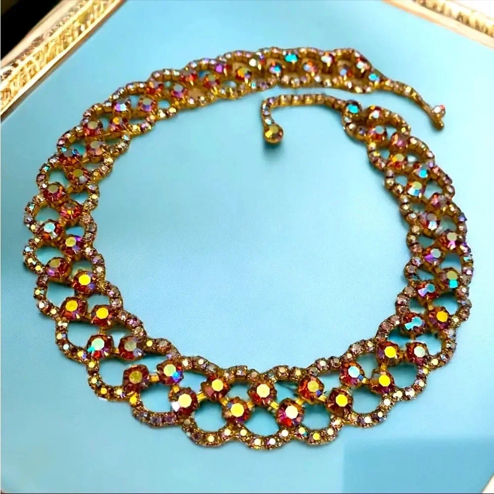 Vintage Hattie Carnegie AB Aurora Borealis Rhinestone Collar Gold Tone Necklace